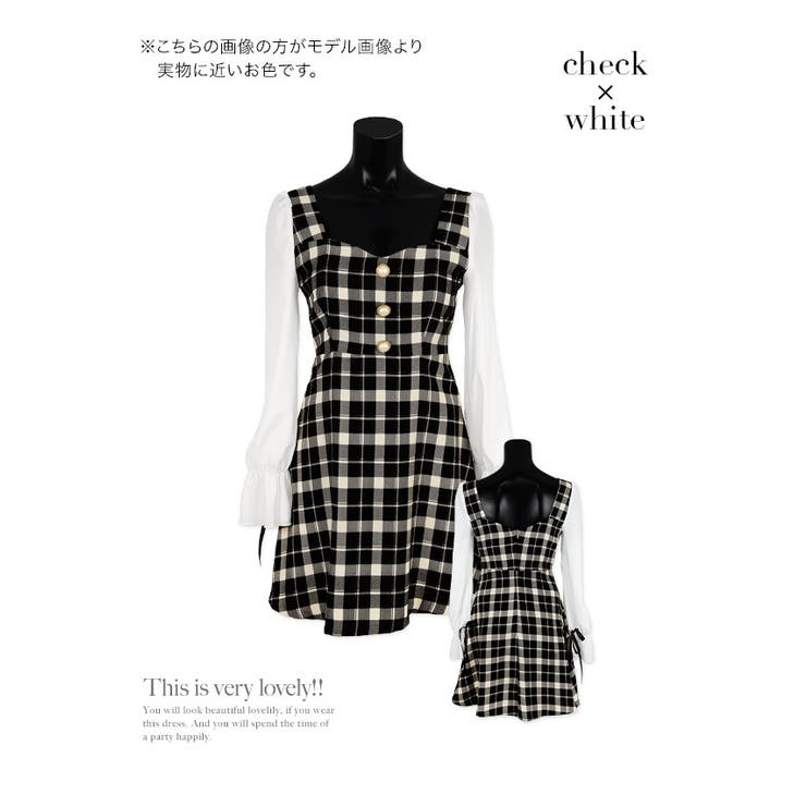 チェック柄シフォンスリーブAライン韓国ミニワンピース 袖あり
