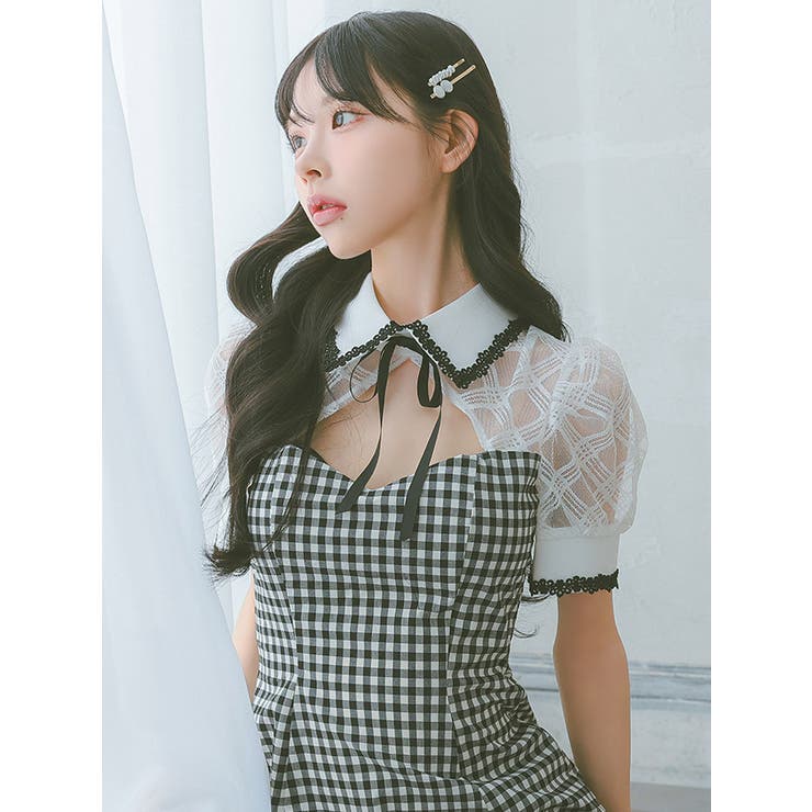 シースルー×チェックガーリーAラインフレアミニドレス 韓国