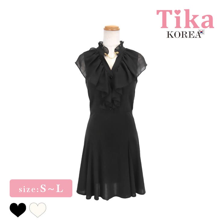 ブラック | Tika フロントフリルチェーン付きノースリーブフレアミニドレス 韓国ドレス | Tika