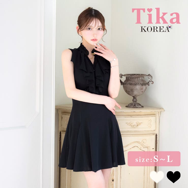 ブラック | Tika 韓国キャバドレス フロントフリルチェーン付きノースリーブフレアミニドレ… | Tika