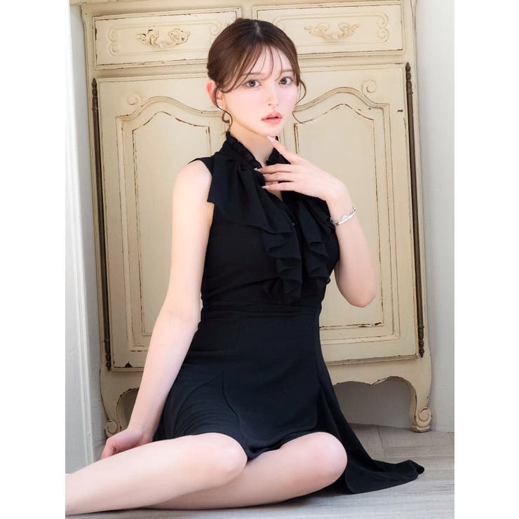 Tika 韓国キャバドレス フロントフリルチェーン付きノースリーブフレアミニドレ… | Tika | 詳細画像9 