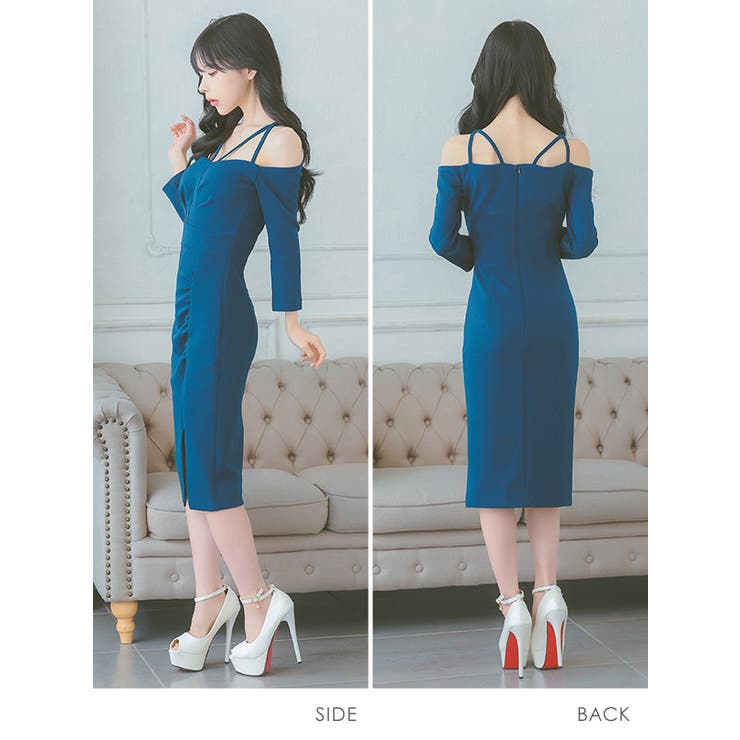 新作] 総レースオフショルダーミディ丈ドレス - DRESS WORLD