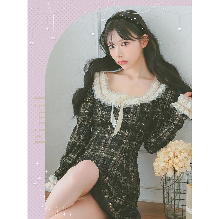 チェックツイード×フリルネックAラインミニワンピース 韓国