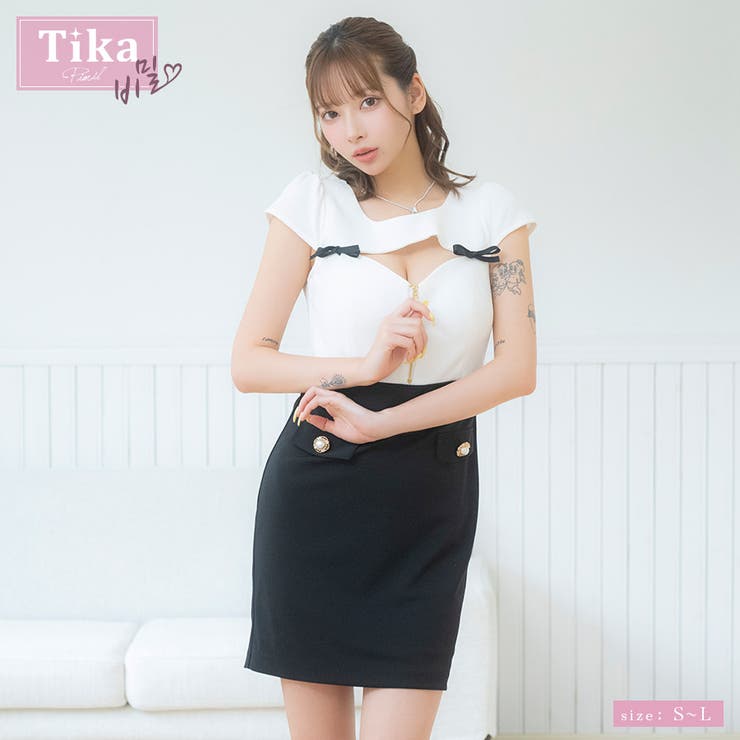 ホワイト×ブラック | リボン×フロントジップタイトミニドレス 韓国ドレス ガーリードレス | Tika