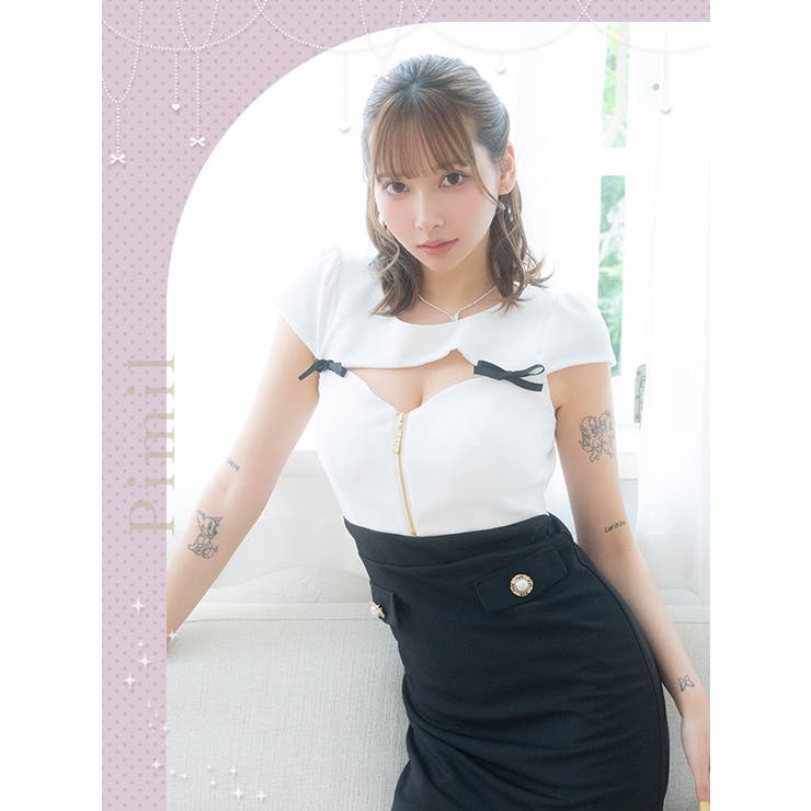 リボン×フロントジップタイトミニドレス 韓国ドレス ガーリードレス | Tika | 詳細画像7 