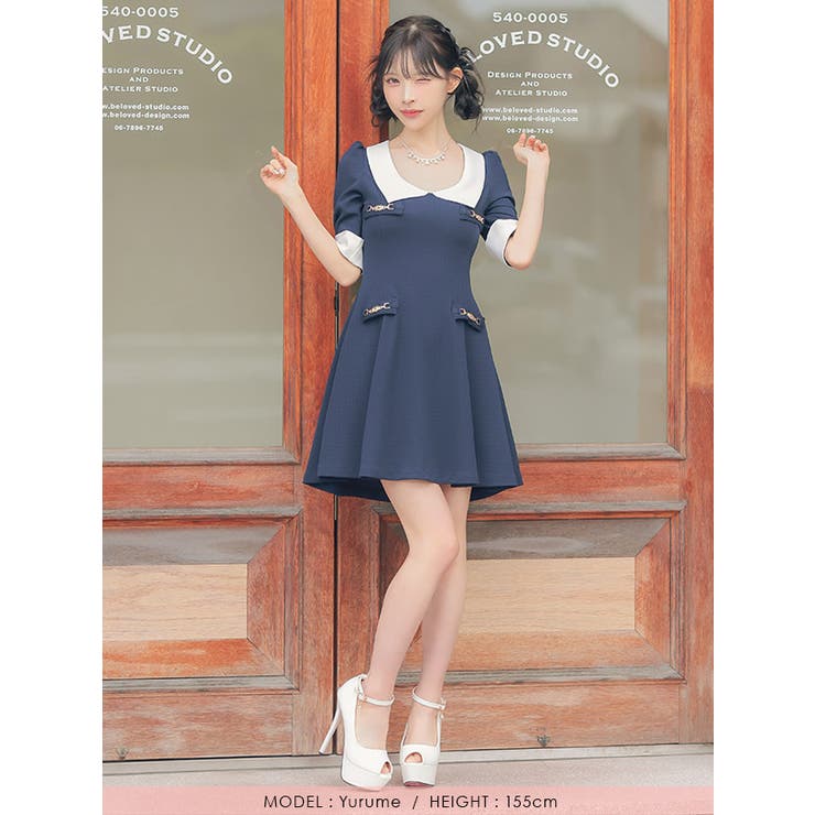 襟デザインAラインフレアワンピース 韓国ワンピース 袖あり | Tika | 詳細画像6 