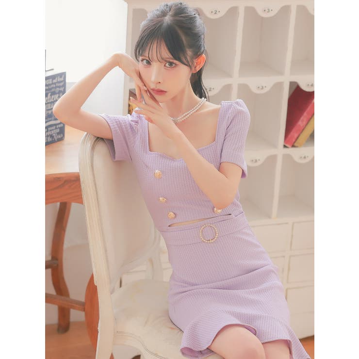 ウエストカット×裾フリルワッフルタイトミニドレス 韓国ドレス 袖あり | Tika | 詳細画像3 