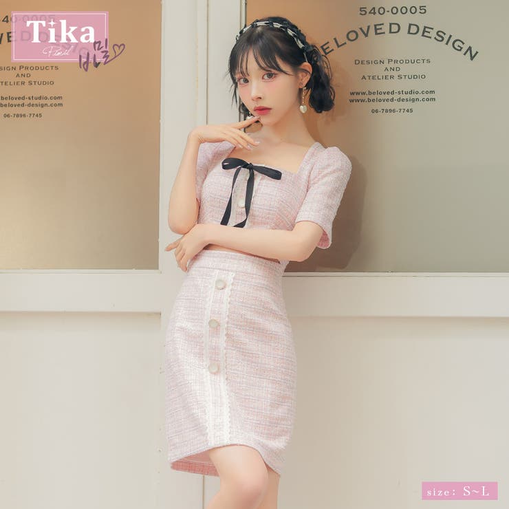 スクエアネック×ウエストカットツイードタイトミニドレス 韓国ドレス ガーリードレス | Tika | 詳細画像1 
