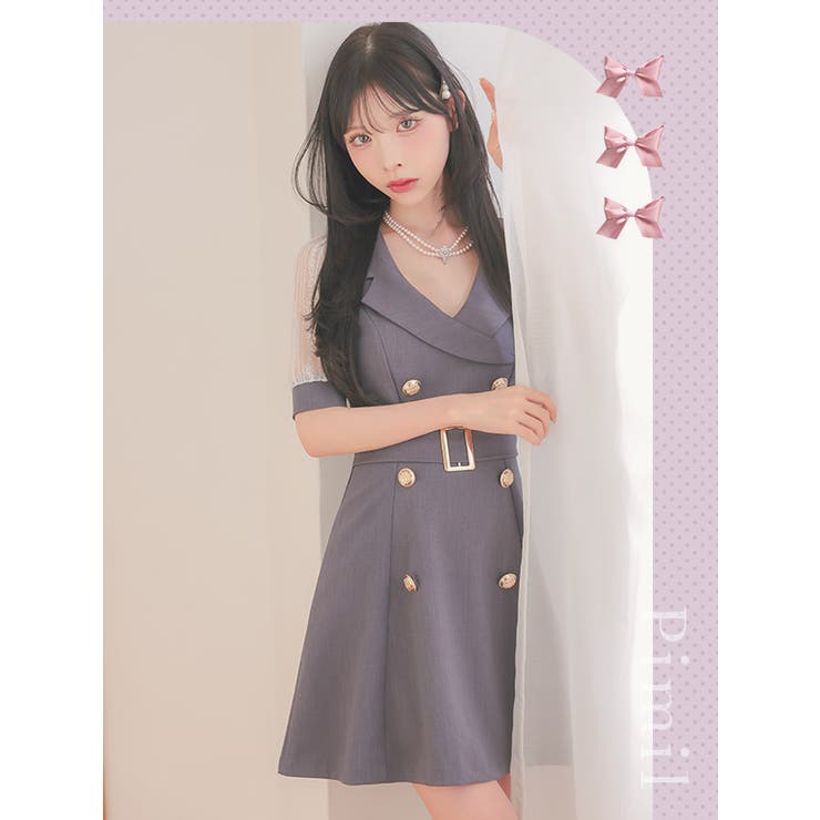 レースパフスリーブ×襟デザインAラインフレアワンピース 韓国ドレス 袖あり | Tika | 詳細画像2 