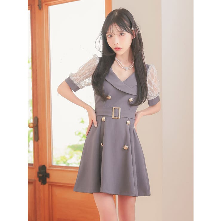 レースパフスリーブ×襟デザインAラインフレアワンピース 韓国ドレス 袖あり | Tika | 詳細画像4 