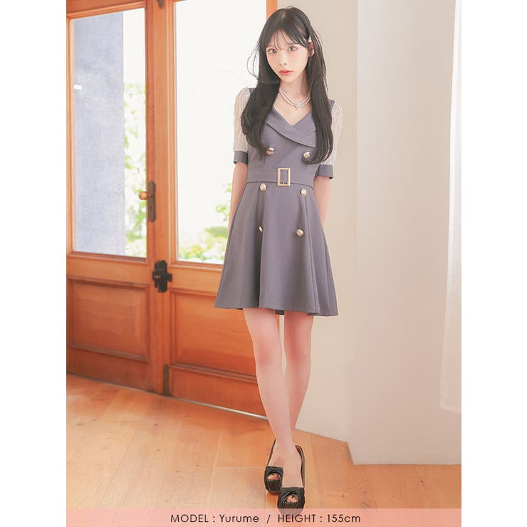 レースパフスリーブ×襟デザインAラインフレアワンピース 韓国ドレス 袖あり | Tika | 詳細画像6 