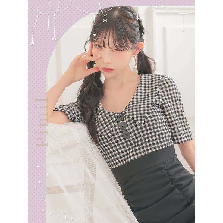 チェック×襟デザインドロスト風タイトミニドレス 韓国ドレス 袖あり | Tika | 詳細画像2