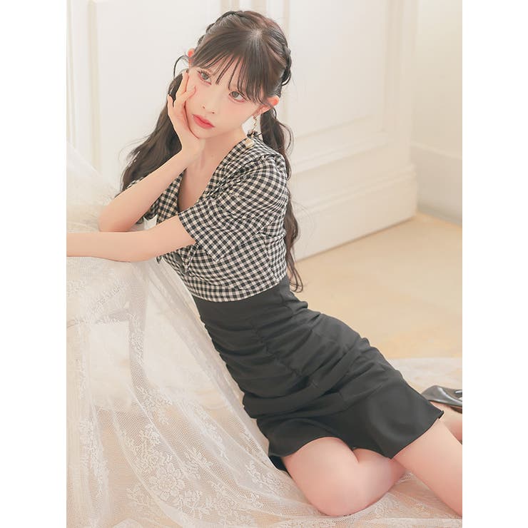 チェック×襟デザインドロスト風タイトミニドレス 韓国ドレス 袖あり | Tika | 詳細画像3