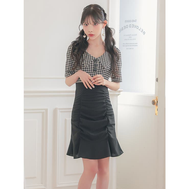 チェック×襟デザインドロスト風タイトミニドレス 韓国ドレス 袖あり | Tika | 詳細画像4