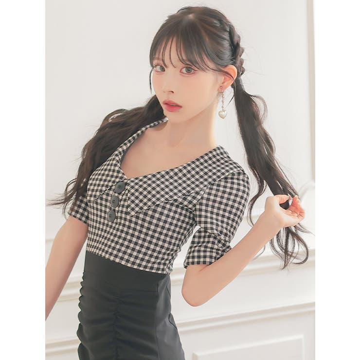 チェック×襟デザインドロスト風タイトミニドレス 韓国ドレス 袖あり | Tika | 詳細画像5