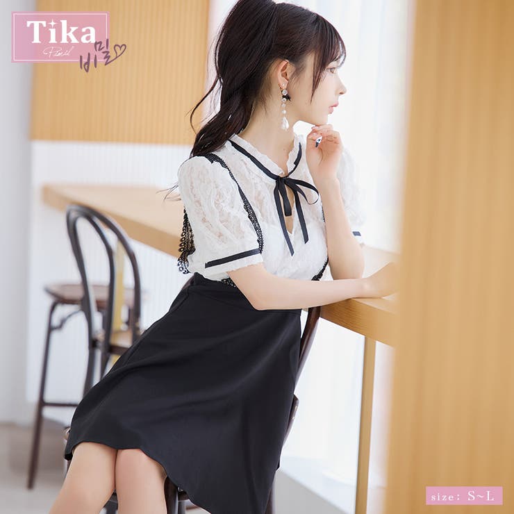 サロペット風レーストップAラインフレアミニドレス 韓国ドレス ガーリードレス | Tika | 詳細画像1 