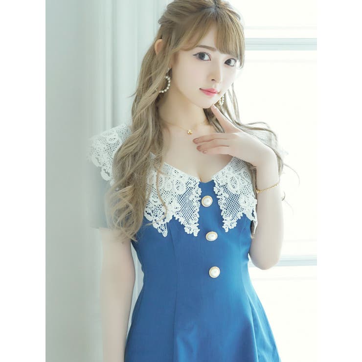 Aラインレースカラーフレア韓国ミニワンピースドレス 袖あり 半袖