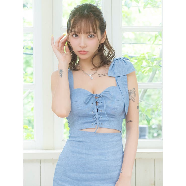 ショルダーリボン×レースアップタイトミニドレス 韓国ドレス ガーリードレス | Tika | 詳細画像2 