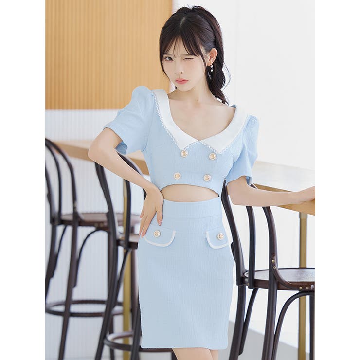 ウエストカットパフスリーブタイトミニドレス韓国ドレスガーリードレス袖あり半袖カットアウトフェイクボタン襟キャバドレスキャバドレスS-Lサイズネイビーライトブルー緩苺Tikaティカ