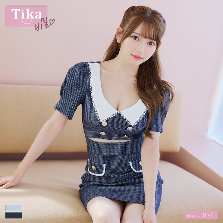 ティカ Tika 韓国ドレス 袖ありパイピングモノトーンニット