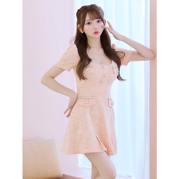 パーティードレス フレア スクエアネック ミニ 結婚式 韓国 ゴールドパーツ×スクエアネックツイードフレアミニドレス 韓国