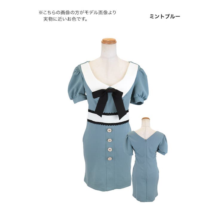 レトロチックリボン×ウエストマークパフスリーブミニドレス 韓国