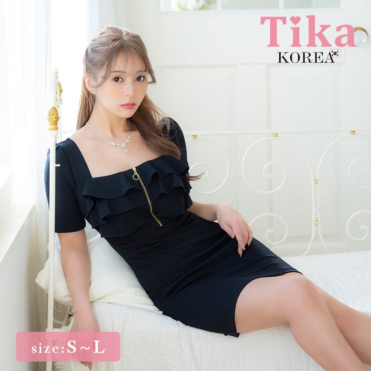 Tika 韓国キャバドレス フェイクフロントジッパーレース切替パフスリーブタイト… | Tika | 詳細画像1 