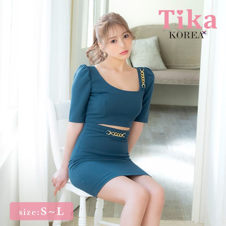 Tika 韓国キャバドレス アシンメトリーゴールドチェーンお腹魅せベルト風デザイ… | Tika | 詳細画像1 