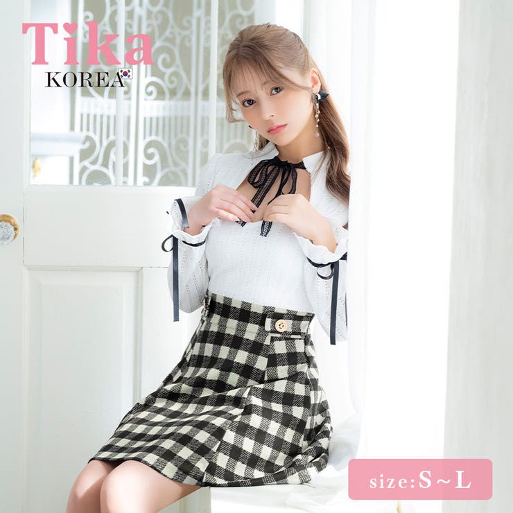 Tika 韓国製 胸元開きリボンチェックフレアミニドレス | Tika | 詳細画像1 
