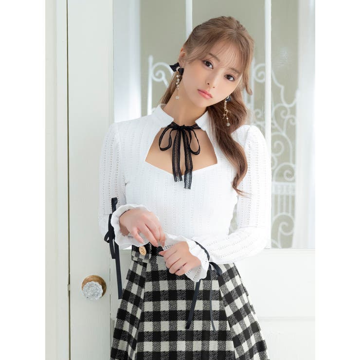 Tika 韓国製 胸元開きリボンチェックフレアミニドレス | Tika | 詳細画像2 