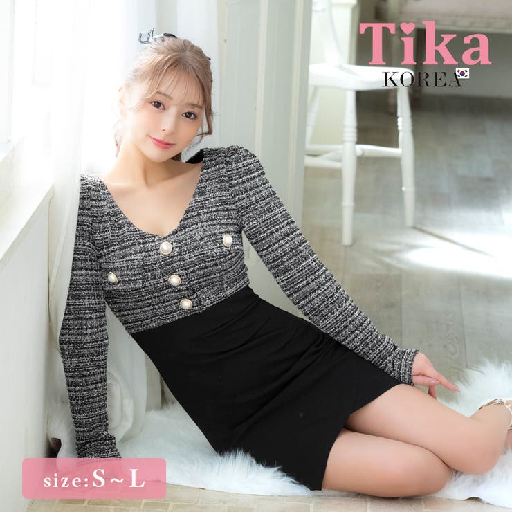 Tika フロントパールボタン切り替えタイトミニドレス 韓国ドレス | Tika | 詳細画像1 