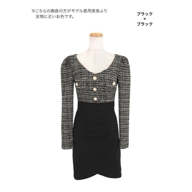 ブラック | Tika フロントパールボタン切り替えタイトミニドレス 韓国ドレス | Tika