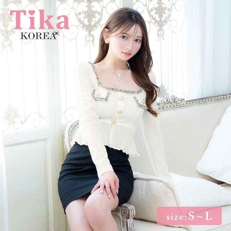 Tika スクエアネックツイードパイピング長袖タイトミニドレス 韓国ドレス | Tika | 詳細画像1 