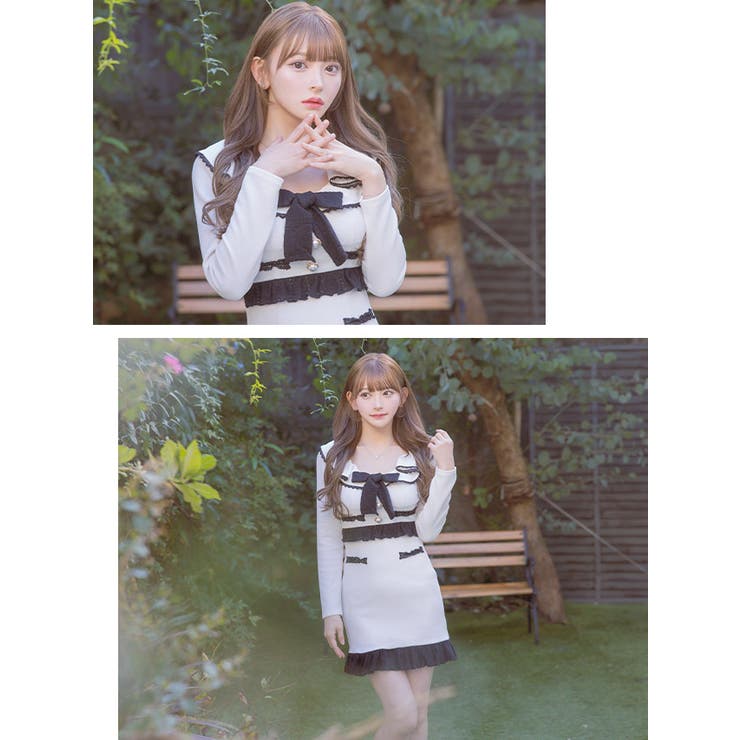 ネックリボンパイピングレースセーラー風韓国ミニドレス タイトドレス 袖あり