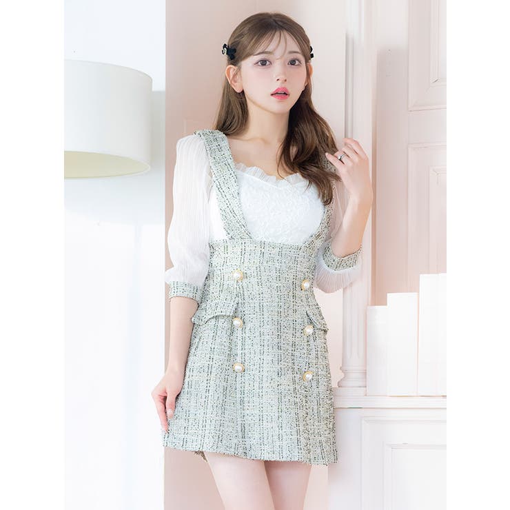 シフォン×ツイードサロペット風ハイウエスト韓国ミニワンピースドレス袖あり七分袖フェイクボタンキャバドレスキャバドレスS-Lサイズホワイトピンクブラックベージュゆんころ伊藤桃々みゆう明日花キララTikaティカ