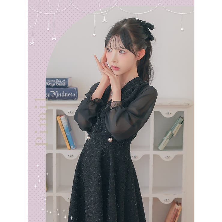 Aライン×ウエストマークレトロチックワンピース 韓国ドレス ガーリー