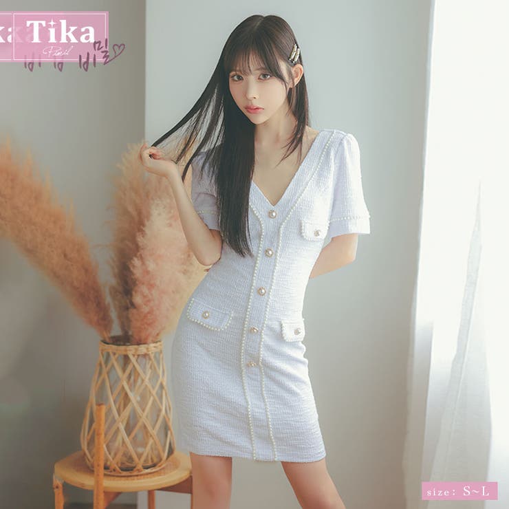 パールラインストレッチニットタイトミニドレス 韓国ドレス ガーリードレス [品番：XK000013115]｜Tika（ティカ）のレディースファッション通販｜SHOPLIST（ショップリスト）