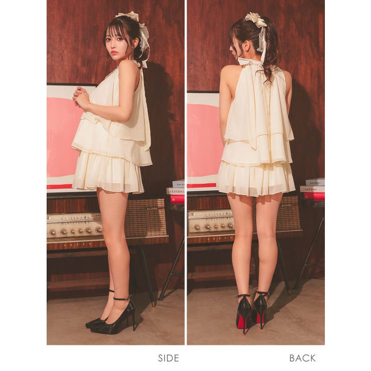 ビジュー付きハイネック×フリルティアードスカートセットアップドレス