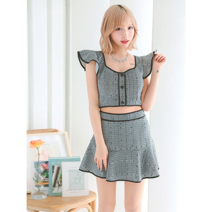 パイピングツイードセットアップフレアミニドレス ガーリードレス 袖なし | Tika | 詳細画像1 