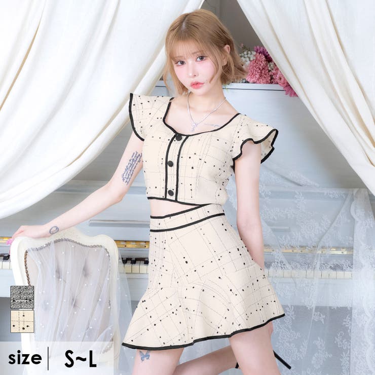 アイボリー | パイピングツイードセットアップフレアミニドレス ガーリードレス 袖なし | Tika