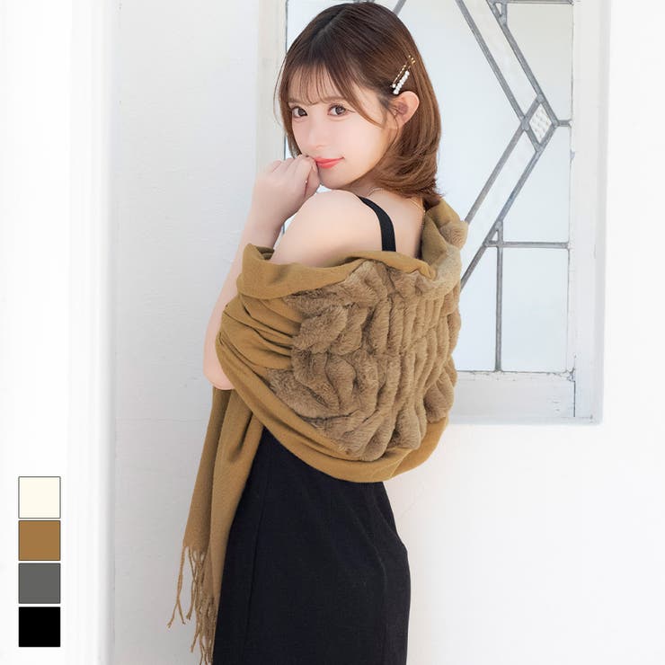 キャメル | バックファーフリンジニットショール アウター ソフトニット | Tika