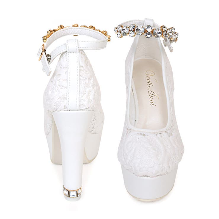 レースデザインアンクルビジューストラップパンプス White 白