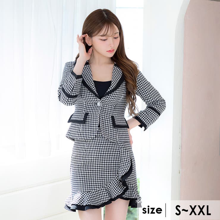 千鳥格子柄×パイピングフリルラップセットアップミニ丈スーツセット | Tika | 詳細画像1 