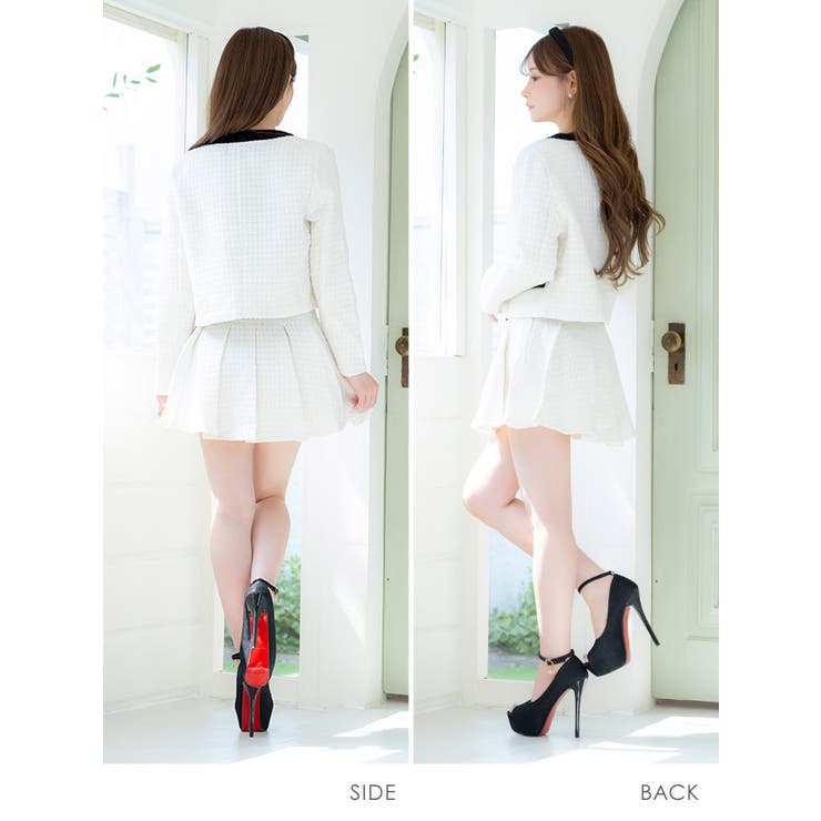 ノーカラーツイードセットアップミニスカスーツ カジュアルスーツ