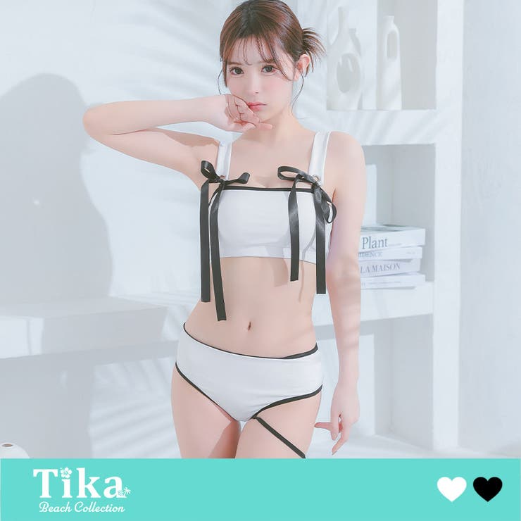 サテンリボンパイピング×レースアップコードタンキニ ガーリースイムウェア | Tika | 詳細画像1 