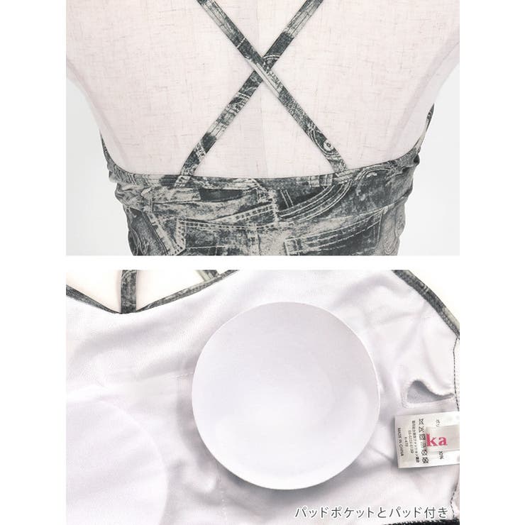 ドロストスカート付きデニムプリントビキニ ガーリースイムウェア セット水着 | Tika | 詳細画像7 