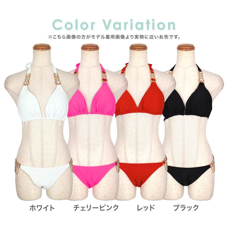 ビジュー×チェーンサイド＆ショルダー三角ビキニ セクシースイム