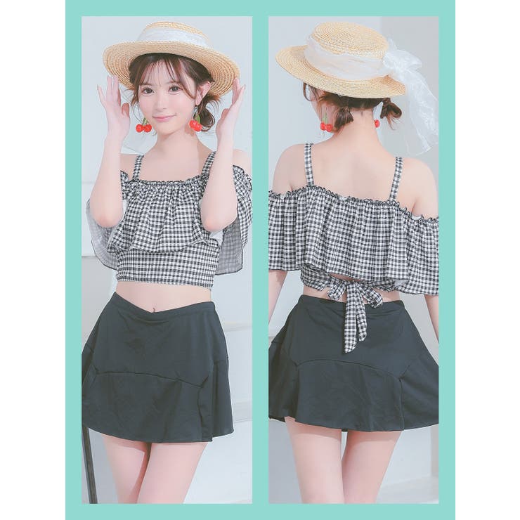 ビックフリル♡スイムウェア チェックフリル×バックリボンオープンショルダービキニ ガーリー