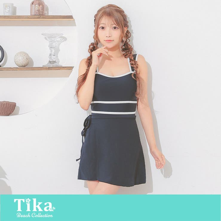 パレオスカート付きパイピングワンピース水着セット ガーリースイムウェア | Tika | 詳細画像1 