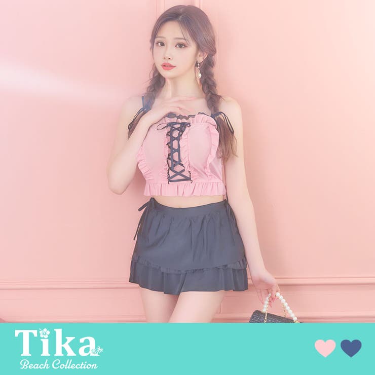 フリル×レースアップトップ＆スコートデザインビスチェビキニ ガーリースイムウェア | Tika | 詳細画像1 